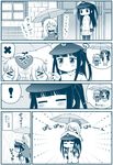  &gt;_&lt; 2girls 4koma ? atago_(kantai_collection) beret blush carrying check_translation closed_eyes comic commentary greyscale hat highres kantai_collection little_girl_admiral_(kantai_collection) long_sleeves migu_(migmig) military military_uniform monochrome multiple_girls pan-pa-ka-paaan! partially_translated peaked_cap pleated_skirt rain shoulder_carry skirt spoken_exclamation_mark spoken_x thought_bubble translation_request umbrella uniform younger 