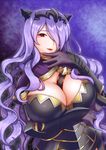  armor black_armor breast_hold breasts camilla_(fire_emblem_if) capelet fire_emblem fire_emblem_if hair_over_one_eye hand_on_own_chin kumehara_chiyota large_breasts lips long_hair looking_at_viewer open_mouth parted_lips purple_background purple_hair red_eyes shiny shiny_clothes shiny_hair sidelocks smile solo tiara vambraces very_long_hair wavy_hair 