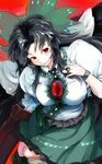  arm_cannon bird_wings black_hair black_wings bow bracelet commentary_request covered_nipples eyeball grin hair_bow highres jewelry long_hair puffy_short_sleeves puffy_sleeves red_eyes reiuji_utsuho short_sleeves sinzan skirt smile solo third_eye touhou weapon wings 
