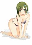 all_fours ass bare_arms bare_legs bare_shoulders barefoot bikini blush breasts cleavage frog_hair_ornament green_eyes green_hair green_nails hair_ornament hanging_breasts kochiya_sanae large_breasts long_hair looking_at_viewer nail_polish side-tie_bikini simple_background solo swimsuit tamagogayu1998 touhou white_background 