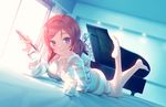  ass barefoot blurry breasts cleavage depth_of_field eyebrows_visible_through_hair indoors instrument jar looking_at_viewer loungewear love_live! love_live!_school_idol_project lying medium_breasts nagareboshi nishikino_maki on_stomach pen piano purple_eyes red_hair short_hair smile solo striped the_pose window 