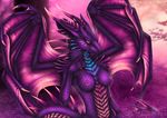  5_fingers anthro breasts day detailed_background dragon ear_piercing female grass horn membranous_wings nipples non-mammal_breasts nude outside piercing purple_cales purple_eyes purple_theme selianth smile standing wings 