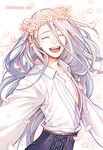  ^_^ blue_eyes cherry_blossoms closed_eyes head_wreath long_hair male_focus open_clothes open_mouth open_shirt petals ribbon shirt silver_hair smile teenage twitter_username viktor_nikiforov whitemop_jog younger yuri!!!_on_ice 