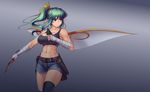  abs alternate_costume bandaged_arm bandages belt breasts cleavage collarbone cowboy_shot daiyousei dual_wielding fairy_wings frown gradient gradient_background green_hair grey_background hair_ribbon hater_(hatater) highres holding kunai large_breasts long_hair looking_away midriff navel pointy_ears ribbon serious sheath shorts side_ponytail solo tank_top thighhighs toned touhou weapon wings wrist_wrap 