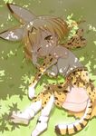  ;&lt; animal_ears ankle_boots ass bare_shoulders black_ribbon blush body_blush boots bow bowtie clenched_hands dappled_sunlight day dot_nose elbow_gloves eyebrows_visible_through_hair full_body gloves grass kemono_friends light_brown_eyes looking_at_viewer lying muu_rian on_side one_eye_closed orange_hair outdoors raised_eyebrow ribbon rubbing_eyes serval_(kemono_friends) serval_ears serval_print serval_tail shadow shiny shiny_hair shiny_skin shirt shoe_ribbon shoe_soles short_hair skirt sleepy sleeveless sleeveless_shirt solo striped_tail sunlight tail tareme thighhighs twitter_username white_footwear white_shirt 