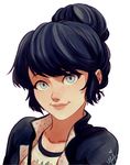  alternate_hairstyle black_hair blue_eyes ceejles collarbone freckles hair_bun highres marinette_dupain-cheng miraculous_ladybug pink_lips signature smile solo upper_body 