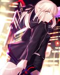  artoria_pendragon_(all) bangs black_ribbon black_shorts blonde_hair camisole city closed_mouth cowboy_shot dark_excalibur dutch_angle eyebrows_visible_through_hair fate/grand_order fate_(series) from_side hair_between_eyes hair_ribbon holding holding_sword holding_weapon hood hoodie looking_at_viewer minamina night open_clothes open_hoodie outdoors ponytail ribbon saber_alter short_shorts shorts sidelocks solo sword thighs weapon yellow_eyes 