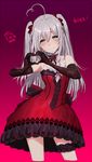  ahoge blush braid commentary_request cosplay dress elbow_gloves gloves heart_ahoge hoshi_shouko ichinose_shiki ichinose_shiki_(cosplay) idolmaster idolmaster_cinderella_girls idolmaster_cinderella_girls_starlight_stage long_hair open_mouth red_dress rod_(rod4817) silver_hair single_braid smile solo two_side_up 
