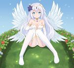  aisuuwan angel_wings aqua_eyes bad_id bad_pixiv_id bare_shoulders black_heart breasts cameltoe cleavage collar elbow_gloves flower four_goddesses_online:_cyber_dimension_neptune full_body gloves hair_flower hair_ornament halo highres jewelry large_breasts long_hair looking_at_viewer midriff navel neptune_(series) power_symbol revision sitting smile solo stomach thighhighs white_hair wings 
