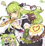  3girls absurdres angry apron artist_name bare_shoulders blush breasts cleavage elf elsword eyebrows_visible_through_hair flower food grand_archer_(elsword) green_hair hair_flower hair_ornament head_wings highres impaled kyouki_no_kimi large_breasts long_hair looking_at_viewer maid multiple_girls multiple_persona night_watcher_(elsword) pointy_ears ponytail rena_(elsword) rice simple_background sword tray twig weapon wind_sneaker_(elsword) wrist_cuffs 