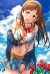  bikini bow bowtie breasts brown_eyes brown_hair cloud cloudy_sky day flower front-tie_top hairband headset highres idolmaster idolmaster_cinderella_girls large_breasts long_hair looking_at_viewer midriff navel nitta_minami open_mouth shiny shiny_skin shirt skirt sky solo strap_slip sweat swimsuit takeashiro tied_shirt 