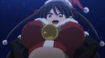  1girl animated animated_gif bell black_hair bloody_celica bouncing_breasts breasts erect_nipples fight_ippatsu!_juuden-chan!! large_breasts santa_claus solo 