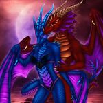  5_fingers anthro blue_scales breasts camel_toe clothed clothing detailed_background dragon duo female horn male membranous_wings non-mammal_breasts purple_eyes red_scales scales selianth smile standing topless wide_hips wings 