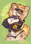  african_wild_dog anthro blush boon_(boonhd) breasts canine cleavage clothed clothing collar eyewear female hybrid hyena mammal multi_nipple muscular nipple_bulge nipples solo stretching sunglasses thong tuft vurrus 