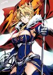  armor armpits artist_name artoria_pendragon_(all) artoria_pendragon_(lancer) blonde_hair blue_gloves blue_legwear braid breasts cape cleavage closed_mouth covered_navel cowboy_shot crown fate/grand_order fate_(series) flag french_braid fur gauntlets gloves glowing glowing_eyes green_eyes hair_between_eyes holding holding_weapon lance long_hair looking_at_viewer medium_breasts polearm red_cape sakiyamama simple_background solo thighhighs thighs weapon white_background 