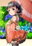  1girl bangs bare_shoulders black_hair black_legwear blue_flower blurry blurry_background blush brown_kimono brown_umbrella commentary_request depth_of_field eyebrows_visible_through_hair fingernails flower frilled_kimono frills fukuyama_mai grey_eyes highres holding holding_umbrella idolmaster idolmaster_cinderella_girls japanese_clothes kimono long_sleeves looking_at_viewer looking_to_the_side oriental_umbrella parted_lips rain regular_mow ribbon-trimmed_legwear ribbon-trimmed_sleeves ribbon_trim ringlets short_kimono sleeves_past_wrists solo thighhighs umbrella white_flower wide_sleeves x-ray 