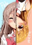  2girls ascot bare_shoulders blonde_hair blush bow bowtie braid brown_eyes character_name commentary_request eyes_closed french_braid grey_hair hair_between_eyes highres kantai_collection long_hair multiple_girls pola_(kantai_collection) sazamiso_rx shirt side_braid simple_background smile twitter_username wavy_hair white_shirt zara_(kantai_collection) 