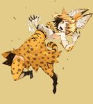  animal_ears armpits bare_shoulders bow bowtie claws elbow_gloves eyelashes fur gloves highres kemono_friends looking_at_viewer medium_hair nayutarou_(nyt_kag) open_mouth serval_(kemono_friends) serval_ears serval_print serval_tail simple_background solo tail thighhighs yellow_eyes 