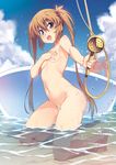  aiming_at_viewer barefoot bathtub blush breast_hold breasts brown_hair claw_foot_bathtub day holding island_(game) kneeling kurutsu_karen kuuchuu_yousai long_hair looking_at_viewer navel nude official_art open_mouth outdoors purple_eyes shower_head small_breasts solo spraying twintails wading wet 