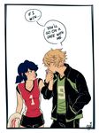  1girl 1koma adrien_agreste blonde_hair blue_eyes blue_hair blush ceejles comic english green_eyes gym_shorts hand_in_pocket hand_kiss highres holding_hand jacket jersey kiss lips marinette_dupain-cheng miraculous_ladybug parted_lips shorts signature twintails 
