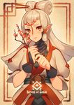 branch breasts commentary fingerless_gloves flower gloves hair_ornament highres long_hair looking_at_viewer medium_breasts parted_lips paya_(zelda) pink_hair pointy_ears puffy_short_sleeves puffy_sleeves red_eyes short_sleeves solo the_legend_of_zelda the_legend_of_zelda:_breath_of_the_wild tubumi white_hair 