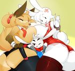  ambiguous_gender anthro big_breasts breast_squish breasts butt canine chibi clothed clothing female female/ambiguous female/female fox garter group lagomorph mammal nite rabbit slightly_chubby smile standing thick_thighs 