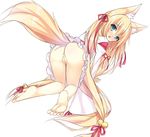  absurdres all_fours animal_ears anus barefoot bell blonde_hair blue_eyes blush bottomless d: fang feet fox_ears fox_tail frills full_body hair_bell hair_ornament hair_ribbon highres japanese_clothes jingle_bell long_hair looking_at_viewer looking_back miko minatsuki_kou open_mouth original pussy ribbon tail tears uncensored very_long_hair 