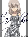  alternate_costume arms_behind_back artist_name bangs bukkuri casual character_name checkered checkered_skirt closed_mouth commentary_request cowboy_shot cursive dated fashion girls_und_panzer grey_shirt grey_skirt itsumi_erika light_smile long_hair long_sleeves looking_at_viewer romaji shirt signature skirt solo standing 