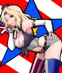  american_flag_legwear belt belt_buckle bent_over black_gloves blonde_hair blown_kiss blue_eyes blue_shirt breasts buckle cleavage cosplay cowboy_shot crop_top diagonal-striped_background diagonal_stripes elbow_gloves fingerless_gloves front-tie_top garter_straps girls_und_panzer gloves grey_skirt hair_intakes hand_on_own_ass headgear heart iowa_(kantai_collection) iowa_(kantai_collection)_(cosplay) kantai_collection kay_(girls_und_panzer) large_breasts lightning_bolt long_hair looking_at_viewer microskirt one_eye_closed parted_lips print_legwear red_background shirt skirt sleeveless sleeveless_shirt solo standing star striped striped_background thighhighs white_gloves yuutai 