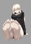  artoria_pendragon_(all) barefoot black_shorts blonde_hair blush bnc_(bunshi) breasts camisole closed_mouth collarbone cross cross_necklace eyebrows_visible_through_hair fate/grand_order fate_(series) feet full_body grey_background highres hood hoodie jacket jewelry long_hair looking_at_viewer medium_breasts necklace open_clothes open_hoodie ponytail pov_feet saber_alter serious short_shorts shorts sidelocks simple_background sitting soles solo thighs toes 