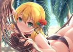  adapted_costume anchor_hair_ornament aqua_eyes ass beach bikini blonde_hair breasts cleavage cleavage_cutout commentary_request day eyebrows_visible_through_hair flower hair_flower hair_ornament hammock highres kantai_collection medium_breasts nicoby no_hat no_headwear palm_tree prinz_eugen_(kantai_collection) smile solo swimsuit tree twintails 