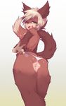  2017 5_fingers anthro bedroom_eyes breasts brown_fur brown_tail butt butt_pose canine clothed clothing coffeechicken cute_fangs ear_tuft eyebrows eyelashes female fluffy fur fuzzy green_eyes hair half-closed_eyes humanoid_hands long_ears looking_at_viewer looking_back mammal open_mouth pinup portrait pose rear_view seductive short_hair simple_background small_breasts smile solo standing three-quarter_portrait tongue topless tuft two_tone_tail were werewolf white_tail wolf 