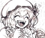  :d =3 ^_^ bat_wings bow closed_eyes eyes flandre_scarlet food grin happy hat hat_ribbon heart mob_cap monochrome multiple_girls open_mouth pudding remilia_scarlet ribbon sharp_teeth short_hair siblings sisters smile space_jin teeth tongue touhou vampire wings 