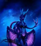  5_fingers anthro blue_scales clothed clothing dragon horn looking_at_viewer membranous_wings midriff purple_eyes scales selianth smile solo spines standing wings 