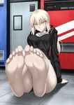  artoria_pendragon_(all) barefoot black_shorts blonde_hair blush bnc_(bunshi) breasts camisole closed_mouth collarbone cross cross_necklace eyebrows_visible_through_hair fate/grand_order fate_(series) feet full_body highres hood hoodie jacket jewelry lingerie long_hair looking_at_viewer medium_breasts necklace open_clothes open_hoodie ponytail pov_feet saber_alter serious short_shorts shorts sidelocks sitting soles solo thighs tied_hair toes underwear 