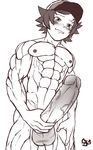  1boy abs blush foreskin huge male male_focus male_only muscle penis pokemon smile solo teeth touya_(pokemon) young 