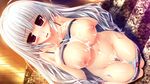  blue_panties blush breast_suppress breasts collarbone cum cum_in_pussy cum_on_body cum_on_breasts cum_on_upper_body cumdrip cumdrip_onto_panties dutch_angle game_cg kaido_ririko kneeling large_breasts long_hair navel nipples open_mouth oshiki_hitoshi panties panty_pull polka_dot polka_dot_panties purple_eyes sakigake_generation! solo sweat underwear white_hair 