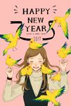  2017 arms_up bangs bird blush brown_hair closed_eyes commentary_request earrings food_themed_earrings happy_new_year highres hinao_(flowerrabbit2348) jewelry long_hair long_sleeves nengajou new_year open_mouth original parted_bangs pink_background ribbed_sweater simple_background solo strawberry_earrings sweater turtleneck turtleneck_sweater upper_body 