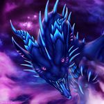  blue_skin blue_teeth blue_tongue claws curved_horn detailed_background dragon horn looking_at_viewer night open_mouth outside purple_eyes selianth sky spines star starry_sky teeth tongue 