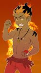  1boy faust_(5/4) fire male_focus msucle multicolored_hair nipples pokemon pokemon_sm solo tagme tattoo topless 