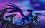  blue_scales claws detailed_background dragon flying group horn membranous_wings outside purple_eyes scales selianth spines wings 