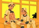  2boys abs ass baseball_uniform belt blush classroom desk epcs faust_(5/4) hat licking_lips male_focus muscle naughty_face school sitting student sweat tongue underwear undressing window young 