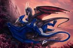  black_scales blue_eyes blue_scales claws day detailed_background dragon duo featureless_crotch female feral horn male membranous_wings nude outside rock scales selianth sky spines wings 