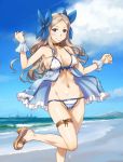  1girl asakaze_(kantai_collection) beach blue_bow blue_sky blush bow breasts brown_footwear closed_mouth destroyer kantai_collection leg_up light_brown_hair long_hair looking_at_viewer medium_breasts military military_vehicle ocean sameha_ikuya sandals ship sky smile swimsuit warship watercraft wavy_hair 