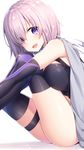  bare_shoulders between_breasts blush bodysuit breasts elbow_gloves eyebrows_visible_through_hair fate/grand_order fate_(series) from_side gloves highres looking_at_viewer mash_kyrielight masuishi_kinoto medium_breasts pink_hair purple_eyes short_hair simple_background sitting skindentation solo thigh_strap thighhighs white_background 