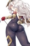  absurdres ass ass_support bodysuit elbow_gloves eyebrows_visible_through_hair from_behind from_below gloves gold_trim granblue_fantasy headpiece hews_hack highres huge_filesize looking_back medusa_(shingeki_no_bahamut) paid_reward patreon_reward pointy_ears red_eyes red_gloves shadowverse shingeki_no_bahamut silver_hair simple_background skin_tight skindentation solo string tail thighs vambraces white_background 