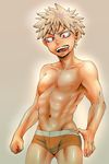  1boy blonde_hair bulge crotch faust_(5/4) licking_lips male_focus muscle naughty_face nipples red_eyes smile solo teeth tongue topless underwear young 