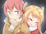  :d :o ^_^ bangs blonde_hair blush brown_eyes brown_hair brown_scarf closed_eyes commentary_request dragon_girl dragon_horns eyebrows_visible_through_hair flower fringe_trim fur_coat hair_flower hair_ornament highres horns hug kobayashi-san_chi_no_maidragon kobayashi_(maidragon) long_hair looking_at_another multiple_girls nosetissue open_mouth scarf smile tooru_(maidragon) twintails upper_body 