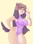  anthro bearra canine clothing female looking_at_viewer mammal smile solo standing swimsuit tongue tongue_out wide_hips 
