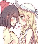  bangs beanie black_hair blonde_hair blue_eyes blush bow braid breast_press collarbone eye_contact eyebrows_visible_through_hair floral_print forehead-to-forehead green_eyes hat hat_bow heart kvlen lillie_(pokemon) long_hair looking_at_another mizuki_(pokemon) multiple_girls open_mouth pokemon pokemon_(game) pokemon_sm short_hair smile sun_hat symmetrical_docking twin_braids upper_body yuri 